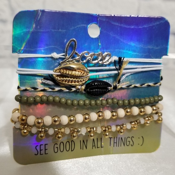 Puka Shell Beaded Bracelet Good Vibes Beach Bracelets Set New - Picture 1 of 9